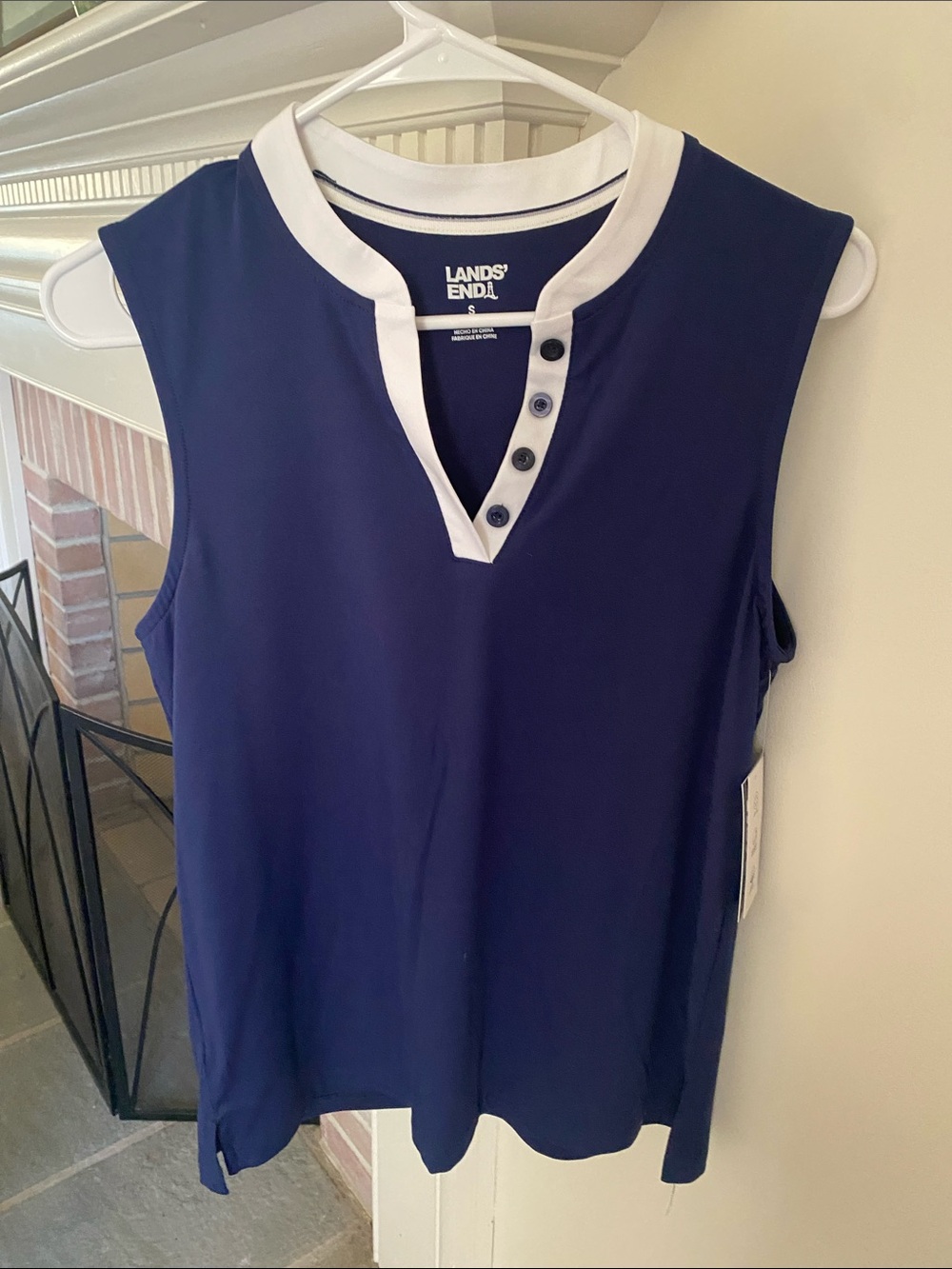 Lands' End Navy Sleeveless Henley Tank with White Trim
